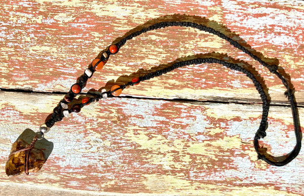 Bohemian macrame Root Chakra neck Lanyard with Ironstone and Gold fleck copper wire wrapped pendant