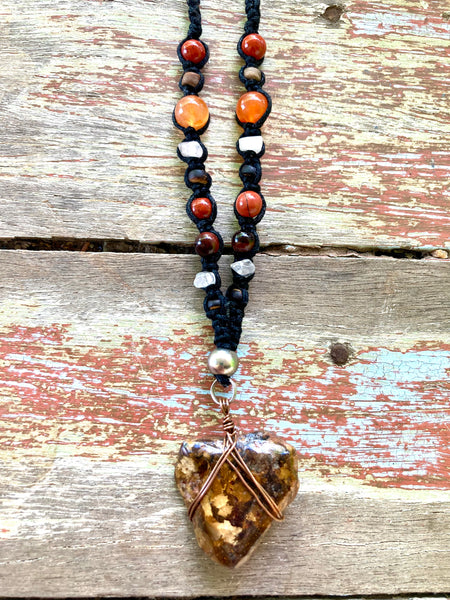 Bohemian macrame Root Chakra neck Lanyard with Ironstone and Gold fleck copper wire wrapped pendant